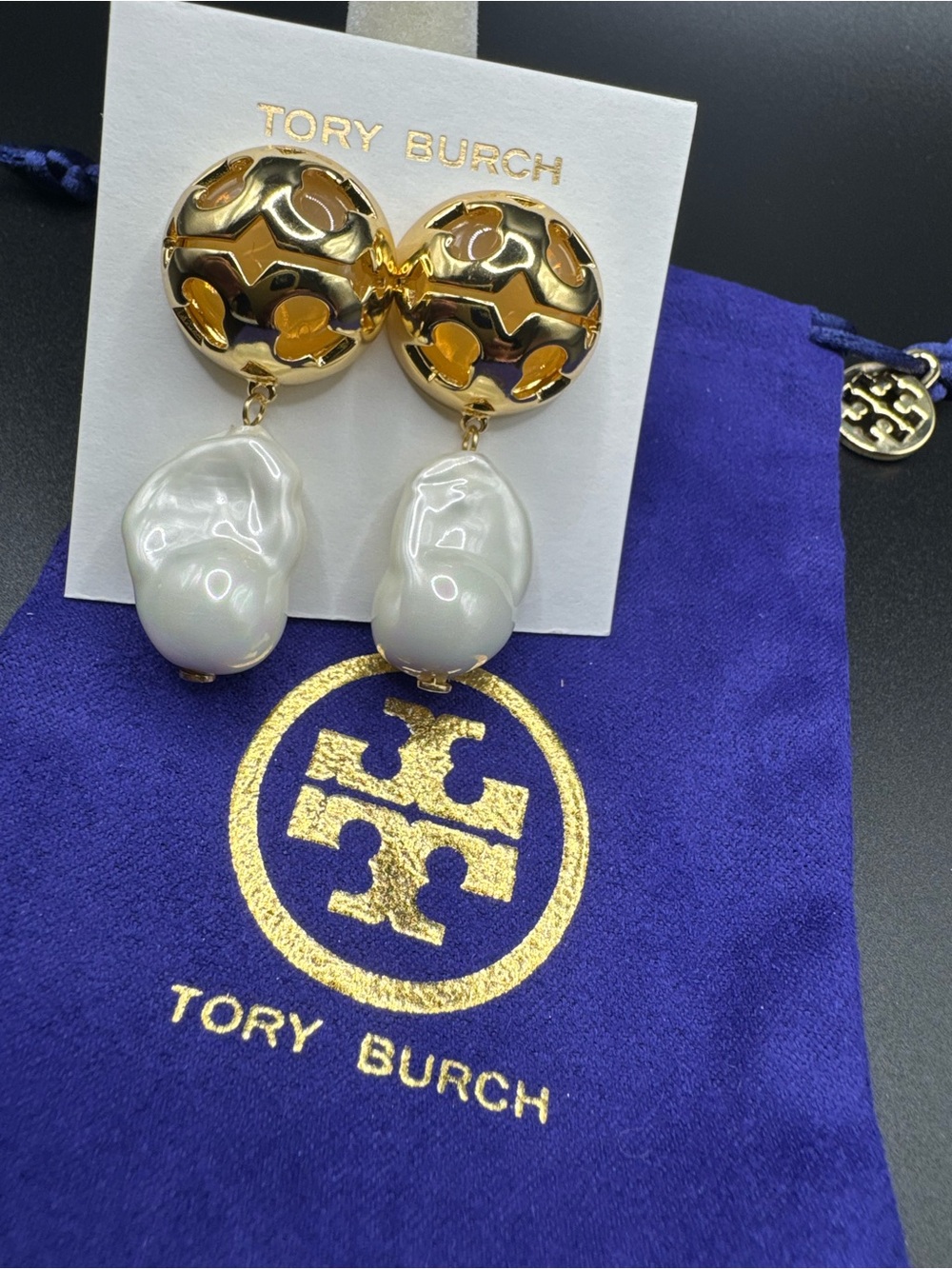 Tory Burch Gold and Pearl Drop Logo Earrings